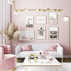 a living room with pink walls and pictures on the wall above the couch, coffee table