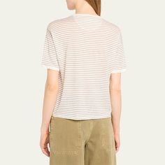 FRAME linen tee featuring a stripe motif  Crew neckline Dropped shoulders Short sleeves Chest pocket Relaxed fit Hem falls to the hip Pullover style Organic linen Imported Linen Tee, Green Gems, Organic Linens, Pocket Tee, Chest Pocket, Pullover Styling, Top Brands, Short Sleeves, Tops Designs