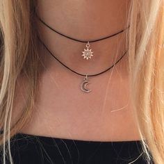 Double choker necklace silver sun and moon charms 90s Layered choker necklace on black cord Diy Collier, Layered Choker Necklace, Chocker Necklace, Feather Pendant, Sun And Moon, Gothic Jewelry, Diamond Pendant Necklace, Jewelry Inspo, Bar Necklace