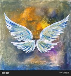 an abstract painting with white wings on a blue and yellow background in the style of impressionism