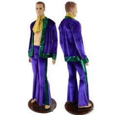 two male mannequins dressed in purple and green outfits