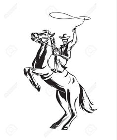 a black and white drawing of a cowboy riding a horse with a lasso on his back