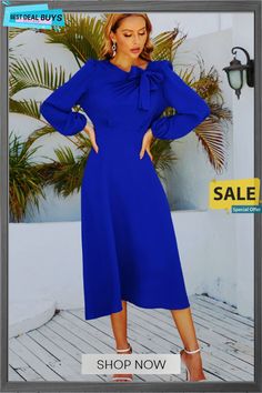 Betsy Long Sleeve Bow Knot Neck Midi Dress Casual A-line Long Sleeve Dress For Party, Summer Long Sleeve Solid Color Party Dress, Solid Color Long Sleeve Dress For Summer Party, Summer Party Long Sleeve Solid Color Dress, Summer Solid Color Long Sleeve Party Dress, Casual Long Sleeve Midi Dress For Party, Bow Knot, Color Pick, Midi Dresses