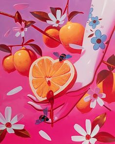 a painting of oranges and flowers on a pink background