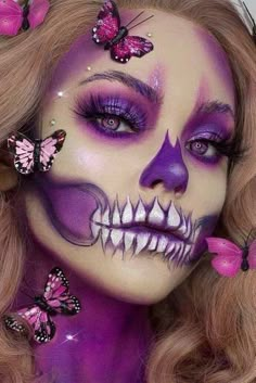 Purple Halloween Makeup Ideas, Skull Glam Makeup, Purple Skull Makeup, Purple Hair Halloween Costumes Ideas, Sugarskulls Makeup, Neon Skeleton Makeup