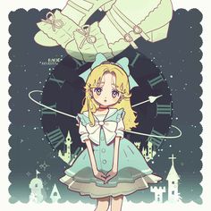 an anime character with long blonde hair wearing a blue dress and white shoes, standing in front of a clock