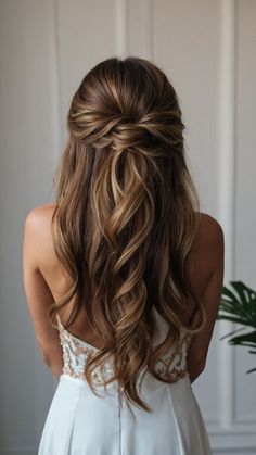 Looking for bridesmaid hair inspo Check out these simple chic hairstyles perfect for all hair types - long short medium length and even curly Whether you prefer a side part half-up half-down elegant updo ponytail braid bun or bangs there's a trendy style for every wedding vibe Whether you have thin hair thick hair or brunette locks find your perfect wedding hair look here Wedding Hairstyle Long Thick Hair, Bridesmaid Hair For Mid Length Hair, Bridesmaid Hair Ponytail Brunette, Simple Wedding Half Updo, Bridesmaid Up Do Long Hair, Bridesmaids Hair Ponytail, Loose Pulled Back Wedding Hair, Wedding Hairstyles For Long Hair Bridesmaid, Half Up Half Down Bridesmaid Hair Brunette