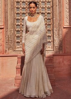 Ivory Pre-Draped Lehenga Georgette Saree With Blouse Nidhika Shekhar - Fabilicious Fashion Draped Lehenga, Drape Lehenga, Lehenga Sari, Fish Cut, Sari Lehenga, Drape Sarees, Full Sleeve Blouse, Drape Saree, Ready To Wear Saree