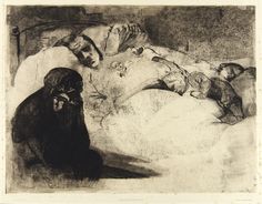 a black and white drawing of a man laying in bed next to a woman sleeping