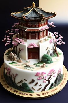 a white cake with pink flowers on it and a pagoda in the middle is sitting on a table