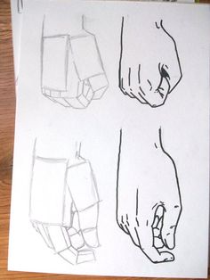 three different drawings of hands on white paper