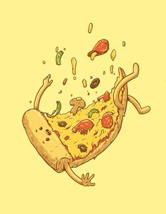 a drawing of a slice of pizza falling into the air