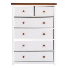 a white dresser with brown handles and drawers