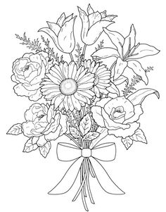 a bouquet of flowers in a vase with a bow on the ribbon coloring page for adults