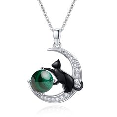 PRICES MAY VARY. 【Design Inspiration】 The cute black cat is standing on the crescent moon, pushing the malachite with its paws. What a peaceful and leisurely scene! Let this cat necklace bring ease and joy to your loved ones and enjoy life. 【Material】 The black cat necklace is made of 925 sterling silver with nature malachite, nickel-free, lead-free, cadmium-free and hypoallergenic, especially suitable for people with sensitive skin. 【Size】 The size of the malachite neckalce is 0.78 inches, the Black Cat Necklace, Silver Cat Pendant, Cat And Moon, Moss Agate Jewelry, Cat Pendant Necklace, Animal Necklace, Silver Necklaces Women, Sterling Silver Cat, Moon Pendant Necklace