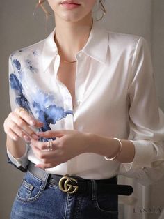 Lasaky - Elegant Silk-Blend Long Sleeve Shirt with Ancient-Inspired Watercolor Print Floral Long Sleeve Shirt, Floral Print Shirt, Satin Blouse, Chiffon Shirt, Autumn Fashion Women, Casual Blouse, Silk Shirt, Long Sleeve Casual, Peter Pan