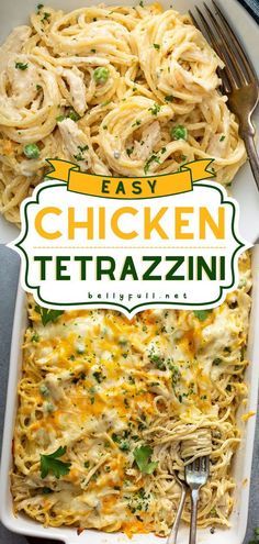 chicken tetrazzini in a white casserole dish with a fork on the side