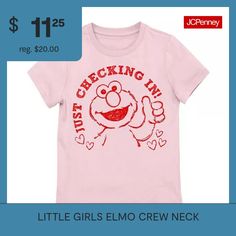 Your little girl's casual style just got more comfortable with the addition of this Elmo graphic crew neck t-shirt made from soft cotton-jersey with short sleeves. Wear it with everything from jeans to shorts.Features: Screen PrintedClosure Type: Pullover HeadFit: Regular FitNeckline: Crew NeckSleeve Length: Short SleeveApparel Length: 17.88 InchesFiber Content: 50% Polyester, 50% CottonFabric Description: JerseyCare: Machine Wash, Tumble DryCountry of Origin: Imported Color Light Pink, Tops Graphic, Casual Girl, Color Light, Casual Style, Neck T Shirt, Shirts Tops, Light Pink, Graphic T Shirt