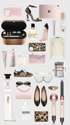 the contents of a woman's purse are arranged in an array on a white background