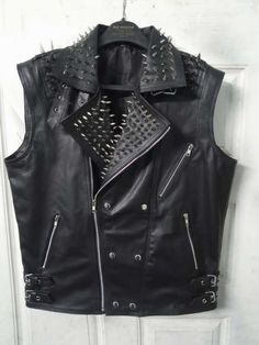 Crafted Leather Men Spiked Studded Leather Vests Biker Studded Jacket on Storenvy Fitted Alternative Outerwear With Rivets, Fitted Punk Outerwear With Rivets, Punk Fitted Outerwear With Rivets, Fitted Rock Style Biker Jacket With Rivets, Fitted Black Leather Rock Jacket, Black Fitted Rock Style Leather Jacket, Black Fitted Leather Jacket In Rock Style, Black Fitted Leather Jacket Rock Style, Rock Style Fitted Leather Jacket For Winter