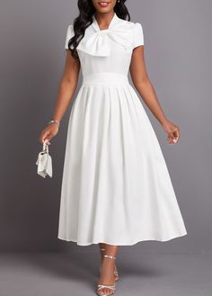 Casual A-line Dress With Bow, Elegant Beach Dresses With Bow, Solid Color Knee-length Dress With Bow, Knee-length Dress With Bow Detail, Fitted Bow Midi Dress For Summer, Fitted Summer Midi Dress With Bow, Fitted Midi Dress With Bow For Summer, Fitted Beach Dress With Bow, White Bow Dress For The Beach