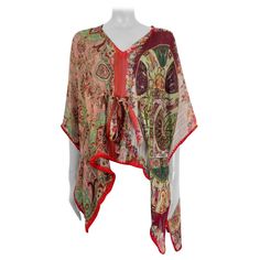 Women Tops Online, Poncho Blouse, Embroidered Details, Red Green Yellow, Tops Online, Tunic Blouse, Silk Chiffon, Women Tops, Burgundy Red