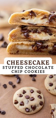 chocolate chip cookies stacked on top of each other with the words cheesecake stuffed chocolate chip cookies