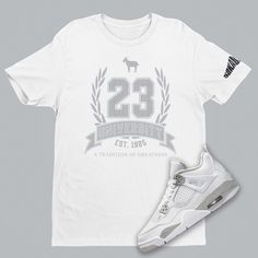 Air Jordan 4 White Oreo 23 University Unisex T-Shirt. It's made of 100% ring-spun cotton and is soft and comfy. The double stitching on the neckline and sleeves add more durability to what is sure to be a favorite! Shoes Not Included Custom Made - Not Jordan Brand or Nike Sneaker Shirt This item takes up to 10 business days (M - F) to ship as it is made to order. Tracking number will be sent to you once item has shipped. See size guide picture for accurate measurements. * 100% ring-spun cotton * Goat Emoji, Air Jordan 4 White Oreo, Jordan 4 White Oreo, Kanye T Shirt, Banner Svg, Jordan 4 White, Emoji Shirt, Retro 4, Nike Sneaker