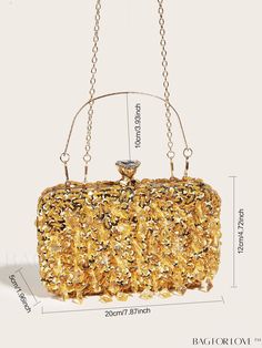 BagForLove - Mini Sequin and Rhinestone Chain Box Bag: Elegant Bridal Purse for Weddings, Proms, and Parties Product Description Color Gold Details Tassel Strap Type Top Handle Bag Size Mini Style Glamorous Pattern Type Plain Type Box Bag Material Plastic Size Chart INCH CM Bag Height Bag Length Bag Width Handle Height Strap Length 4.7 inch 7.9 inch 2 inch 3.9 inch 46.5 inch Bag Height Bag Length Bag Width Handle Height Strap Length 12 cm 20 cm 5 cm 10 cm 118 cm Details Pictures Similar Products Glamorous Gold Evening Bag With Chain, Gold Crystal Bags For Prom, Gold Rectangular Evening Bag For Prom, Gold Rhinestone Evening Bag For Prom, Gold Wedding Bags With Chain Strap, Gold Evening Bag With Bling For Events, Gold Evening Bag With Chain For Events, Gold Rectangular Clutch For Prom, Gold Clutch With Chain Strap For Wedding