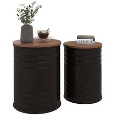 two side tables with books and vases on them, one has a plant in the middle