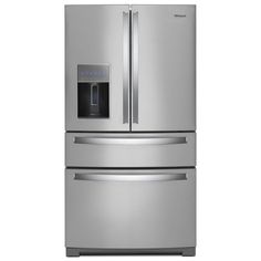 a stainless steel refrigerator freezer with water dispenser on the front and bottom