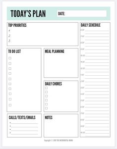 a printable daily planner with the text today's plan