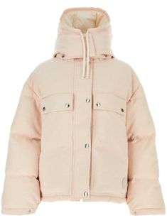 light pink cotton blend GG Supreme canvas quilted padded design logo patch to the front detachable drawstring hood high neck front press-stud and zip fastening drop shoulder long sleeves with press-stud fastening cuffs two chest flap pockets two side zip-fastening pockets internal zip-fastening pockets drawstring hem full lining Guccio Gucci, Saint Laurent Shoes, Yoga Wear, Pink Cotton, Italian Fashion, Stylish Men, Outerwear Women, Dress Codes, Puffer Jacket