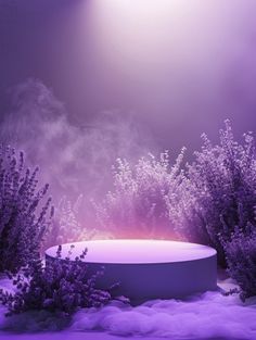 an empty round white table surrounded by purple plants and fog in the night time sky