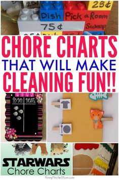 several different pictures with text that says chores chart, and there is a collage of images