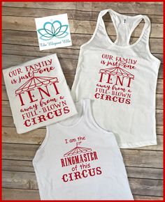 "This listing includes three shirts! One for mom and one for dad and one for the birthday child. If you would like to order another one for a sibling please just let me know and I will set up a custom order for you. Parent shirts read our Family is just one tent away from a full-blown circus! Birthday child shirt reads I am the ringmaster of this circus. Any additional sibling shirts can read I am the brother or I am the sister of the ringmaster, ringmaster in training, etc. Please leave the thr Circus Shirts, Family Circus, Circus Birthday Party, Minnie Mouse Shirts, Sibling Shirts, Family Vacation Shirts, Circus Birthday, Graduation Shirts, Birthday Party Shirt