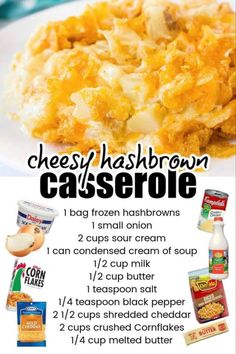 cheesy hashbrown casserole recipe on a white plate with text overlay