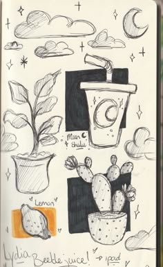 this is an image of a notebook with drawings and words on it, including cactuses