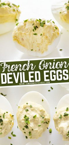 an image of deviled eggs with cream cheese and chives on them for french onion deviled eggs