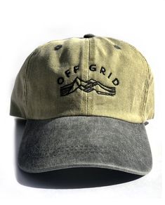 OFF GRID Unisex 2-Tone Cap (Khaki/Charcoal vintage wash) with an adjustable copper clasp for all sizes.  For the wanderers, seekers and explorers. Casual Khaki Hats For Hiking, Adjustable Gray Baseball Cap For Outdoor, Adjustable Khaki Hat For Hiking, Adjustable Gray Baseball Cap For Outdoor Activities, Adjustable Khaki Hiking Hats, Rugged Adjustable Baseball Cap For Outdoor, Vintage Cotton Hat For Outdoor Activities, Urban Style Adjustable Baseball Cap For Outdoor Activities, Urban Adjustable Baseball Cap For Outdoor Activities