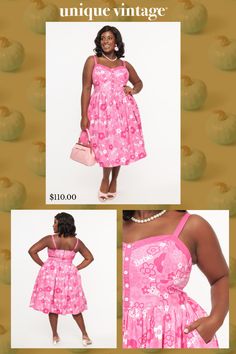 This sweet plus size swing dress, in collaboration with Barbie, is crafted in a lightweight pink woven fabric that dances with a floral Barbie print. Outfitted with adjustable spaghetti straps, faux buttons, a back zipper, and side smocked panels..Crinoline added for volume, sold separately..Available in sizes XS-5X while supplies last. | Barbie X Unique Vintage Plus Size Pink Barbie Print Swing Dress | Size 3X/20 Barbie Print, Plus Size Pink, Vintage Plus Size, Pink Barbie, Swing Dress, Unique Vintage, Woven Fabric, Spaghetti Strap, Spaghetti