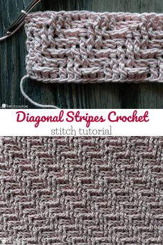 the diagonal stripes crochet stitch pattern is shown in pink and white, with text overlay that says diagonal stripes crochet