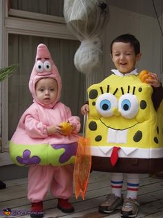 two children dressed up as spongebob and patrick the plat