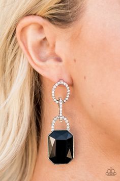 An oversized black emerald-cut rhinestone swings from the bottom of white rhinestone encrusted links, creating a gorgeously dramatic lure. Earring attaches to a standard post fitting. Sold as one pair of post earrings. Paparazzi Jewelry Images, Paparazzi Accessories Jewelry, Sparkle Fashion, 5 Dollar, Earrings Trendy, Fish Hook Earrings, Glam Style, Paparazzi Accessories, Red Earrings