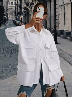 Blanco Casual Collar manga larga Tela Liso Camisa Embellished No-Elástico Primavera/Verano/Otoño White Blouse Outfit, Work Formal, Butterfly Blouse, Coachella Dress, Drop Shoulder Shirt, Holiday Party Dresses, Blouse Outfit, Dressy Casual, Flap Pocket