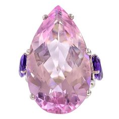 Estate Kunzite & Amethyst Ring Pink Amethyst Ring For Formal Occasions, Teardrop Amethyst Ring For Formal Occasions, Large Stone Gemstones For Formal Occasions, Formal Pink Amethyst Ring With Gemstone Accents, Luxury Kunzite Amethyst Engagement Ring, Luxury Vintage Amethyst Ring, Formal Kunzite Ring Jewelry, Luxury Purple Pear-shaped Jewelry, Luxury Pink Amethyst Jewelry