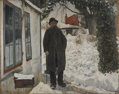 a painting of a man standing in front of a house with snow on the ground