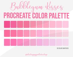 the color palette is shown in shades of pink, red and white with text that reads bubblegum kisses procreate color palette