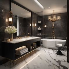 an elegant bathroom with marble floors and black walls, along with a large white bathtub