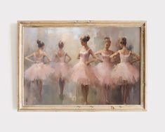 a painting of four ballerinas in pink tutu skirts, with their backs turned to the camera